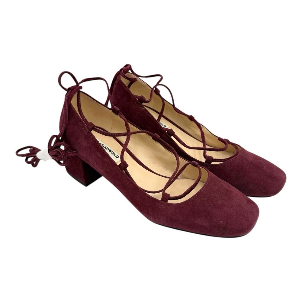 Karl Lagerfeld Berry Burgundy Suede Low Heel‎ Pump with Lacing 7.0 NWT